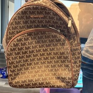 Michael Kors Brown and White MK Monogram Backpack with Pink Trim